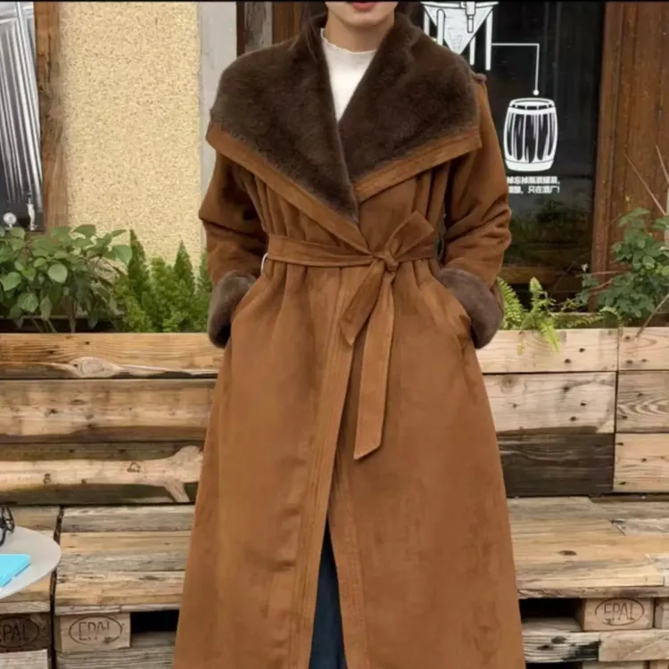 浅咖色咖啡色V领单排扣极简风38码女长款