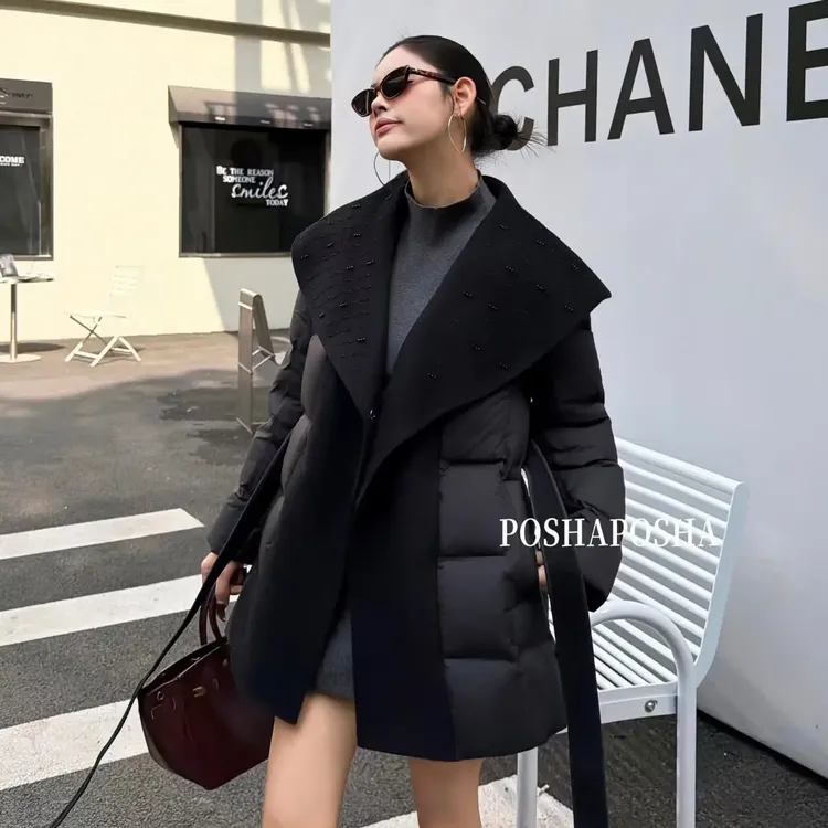 大翻领系带双面呢拼接鹅绒气质显瘦加厚保暖中长款冬季羽绒外套