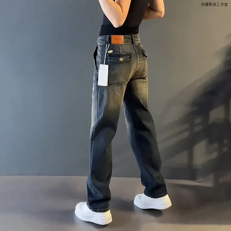 大码美式高街复古直筒牛仔裤男秋冬加厚宽松显瘦高腰阔腿男款裤子