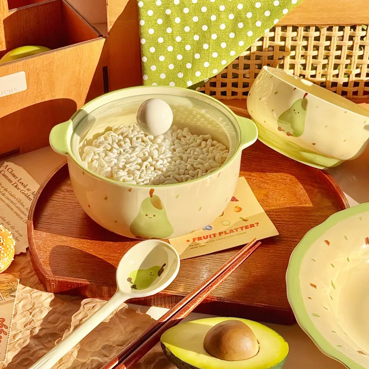可爱绿梨陶瓷碗一人食餐具家用双耳陶瓷汤碗饭碗早餐泡面碗筷勺TJ