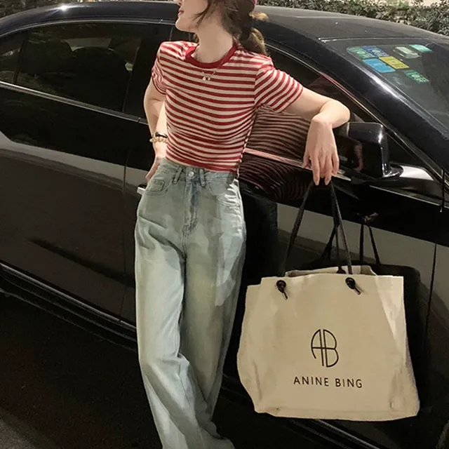 正肩条纹t恤女夏季短袖欧货2025新款设计感小众港味chic红色上衣