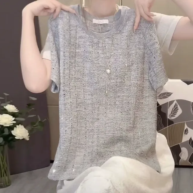 大码高级感细闪镂空正肩短袖T恤女夏季气质百搭圆领宽松显瘦上衣