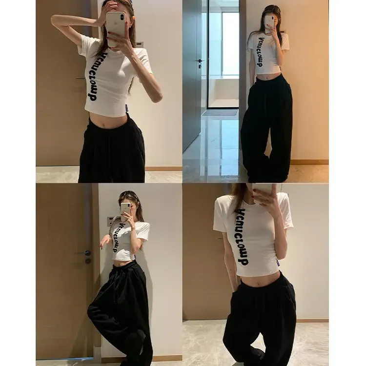【运补6元】刺绣白色字母正肩短袖t恤女装夏季复古穿搭辣妹短款上衣