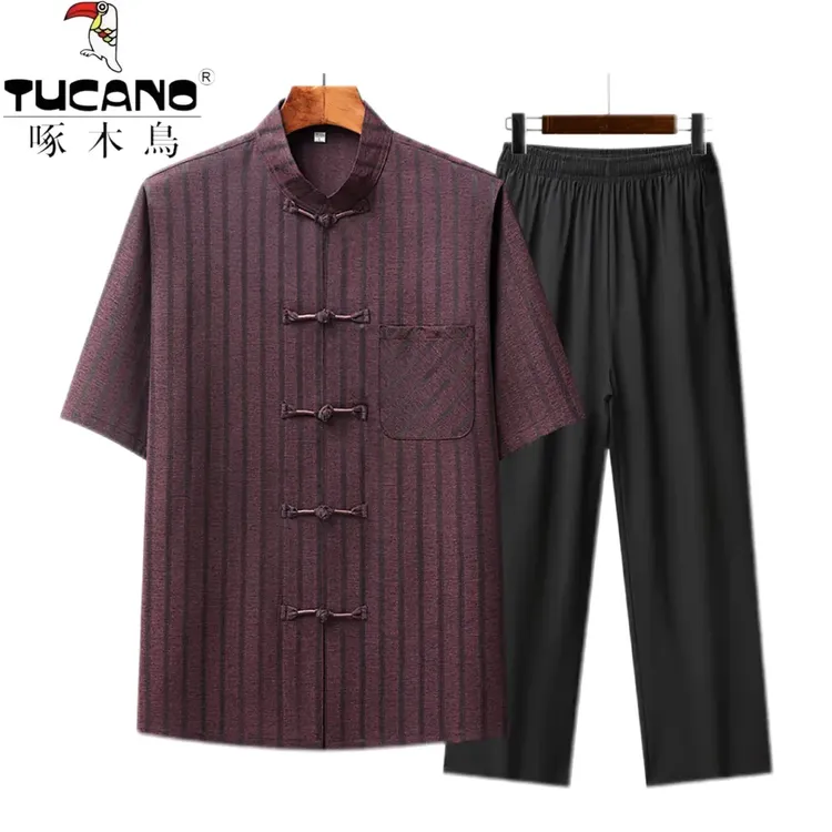 TUCANO/啄木鳥/中老年桑蚕丝混纺唐装男夏薄款中国风冰丝透气套装