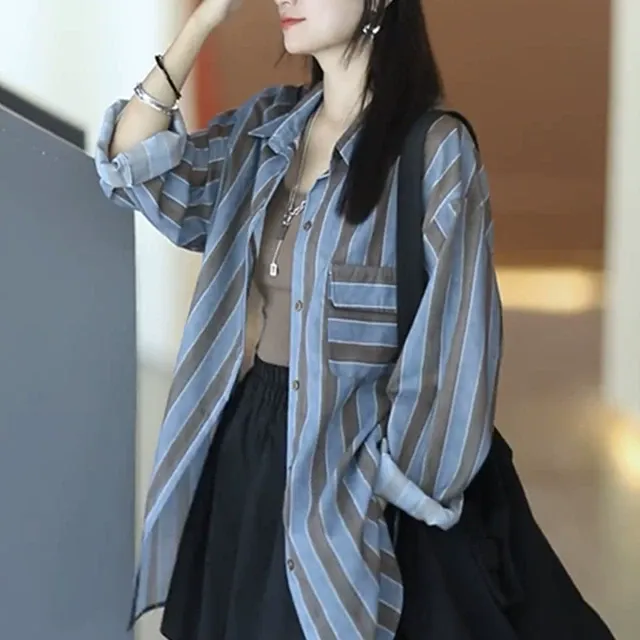 条纹衬衫女长袖夏季韩版拼色poLo领休闲百搭薄款防晒外套衬衣上衣