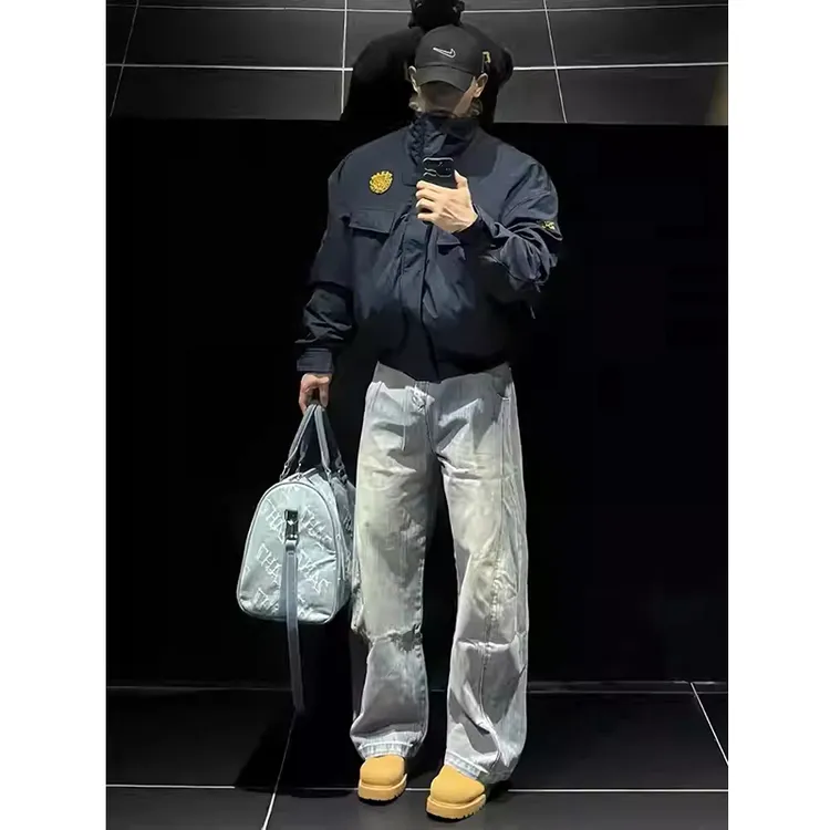 藏青色美式豹纹领座山雕外套男款冬季加绒加厚棉衣bomber立领棉服