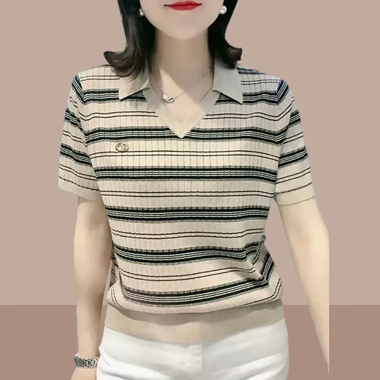 冰丝透气针织短袖t恤女装2025夏季新款小个子中年妈妈爆款polo衫