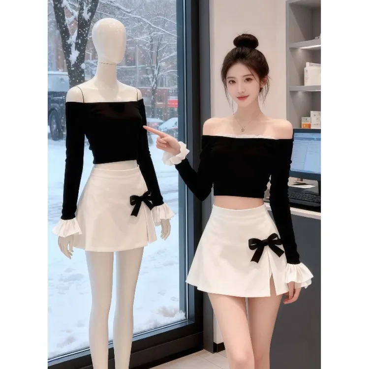 新款纯欲黑色一字领露肩抹胸短款长袖上衣+白色高腰半身裙两件套