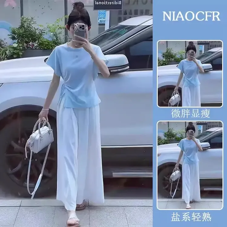 微胖巨好看的两件套设计感小众多巴胺蓝色圆领短袖T恤阔腿裤套装