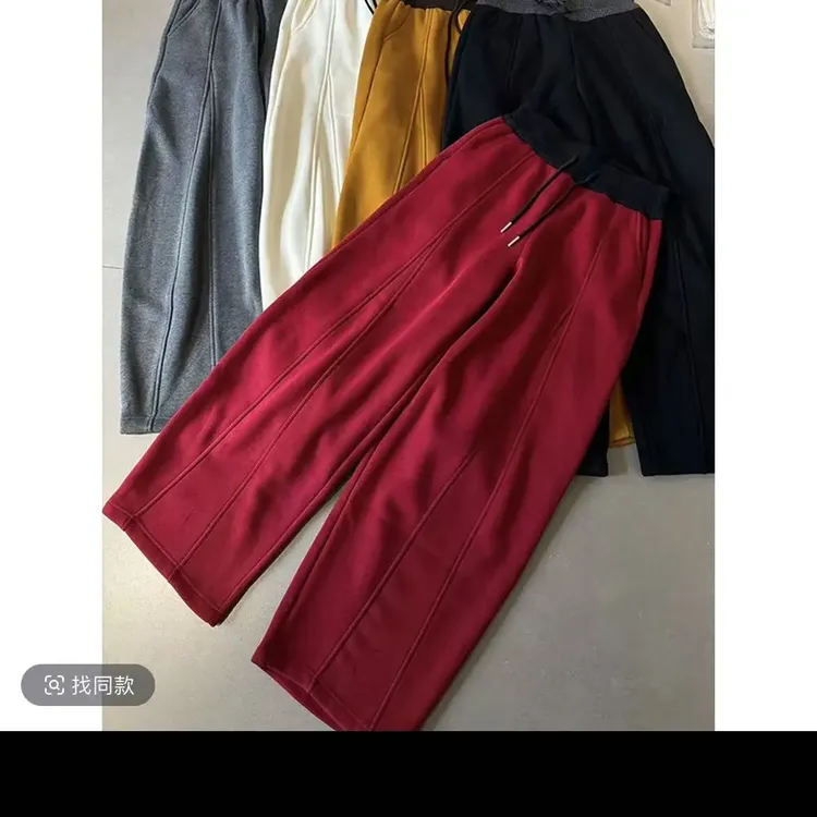 JING冬季新款9008抽绳高腰直筒裤宽松百搭休闲长裤拉绒保暖女裤