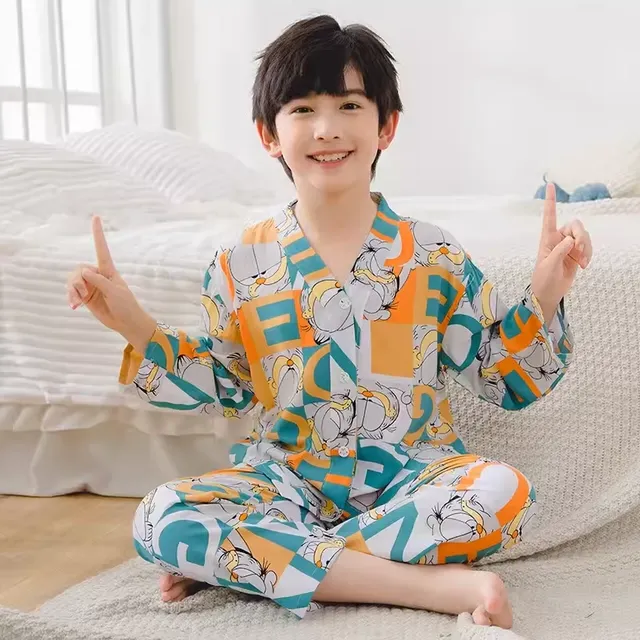 立领扩胸睡衣儿童夏季长袖鼻炎棉绸宝宝家居服小中大童薄开衫套装