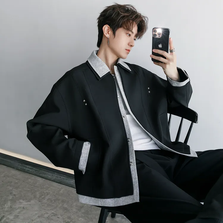 CHICERRO西西里男装春季拼接假两件男士休闲百搭潮流夹克外套上衣