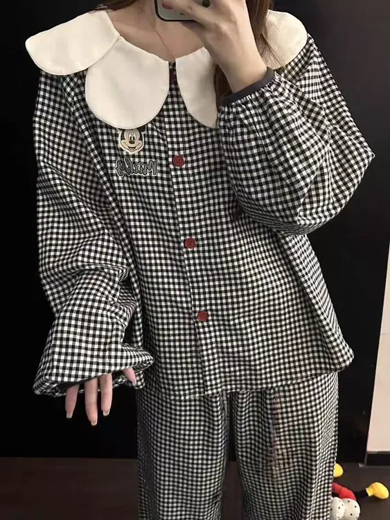 【来鸭】新款条纹大码可爱卡通米奇印花睡衣女宽松长袖长裤家居服