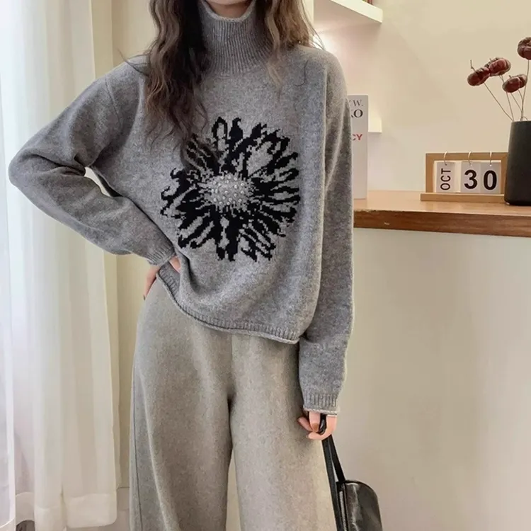 欧货爆款提花高领毛衣女秋冬宽松卷边保暖内搭打底针织衫时尚上衣