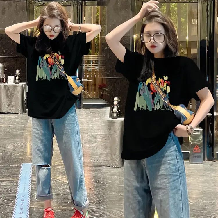 纯棉短袖t恤女大码宽松遮肚子显瘦中长款印花网红ins潮半袖上衣夏