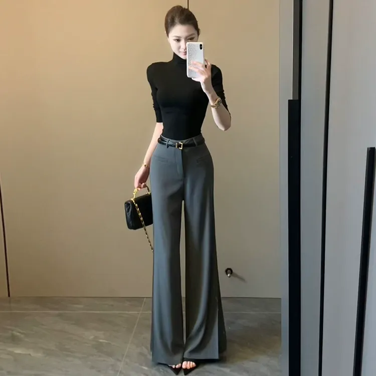 灰色高腰显瘦西装喇叭休闲裤女秋季新款直筒裤垂感拖地长裤子