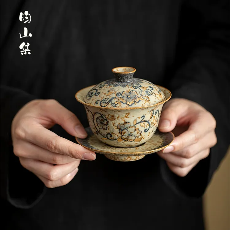 手绘描金青花火石红山茶花三才盖碗家用单个高档古风茶碗茶具大号