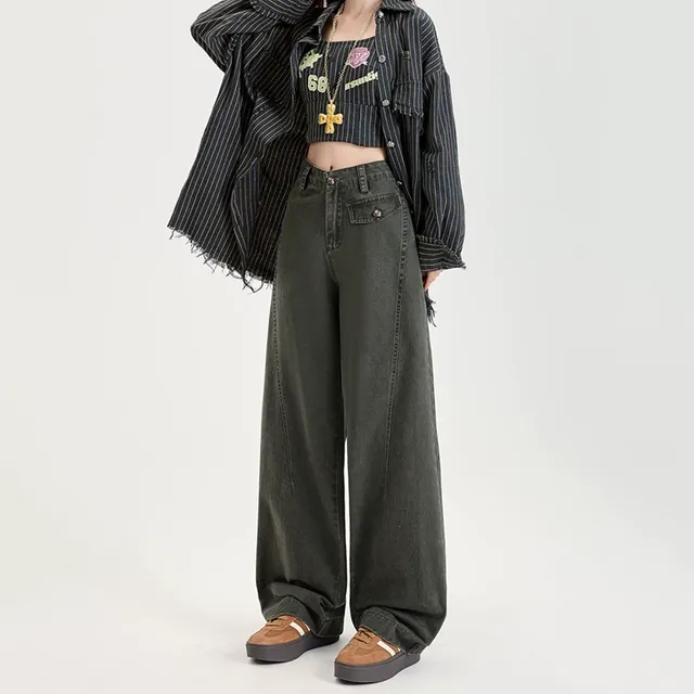 美式复古工装牛仔裤女秋冬新款高腰慵懒宽松垂感直筒阔腿拖地长裤