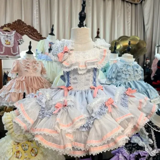 天蓝色草莓纯棉刺绣甜美可爱女童洛丽塔宫廷风蓬蓬公主裙子夏季