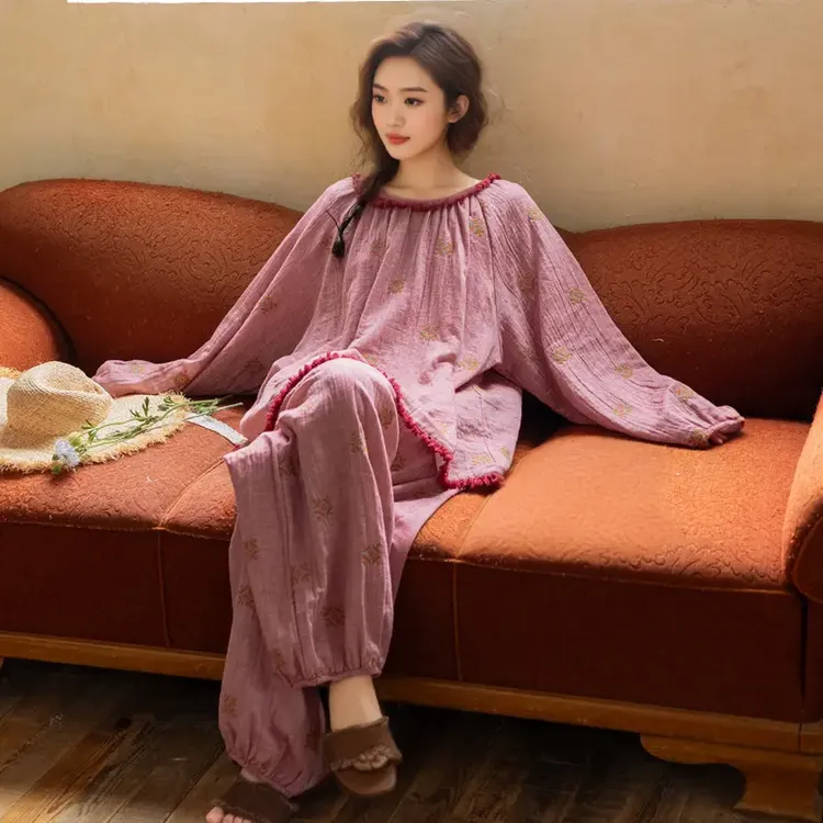 春秋季睡衣女士长袖家居服2025年新款云朵棉印花粉色宽松大码套装