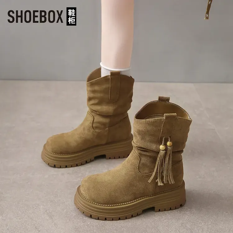 SHOEBOX鞋柜厚底马丁靴秋季新款中筒复古褶皱堆堆靴西部牛仔短靴