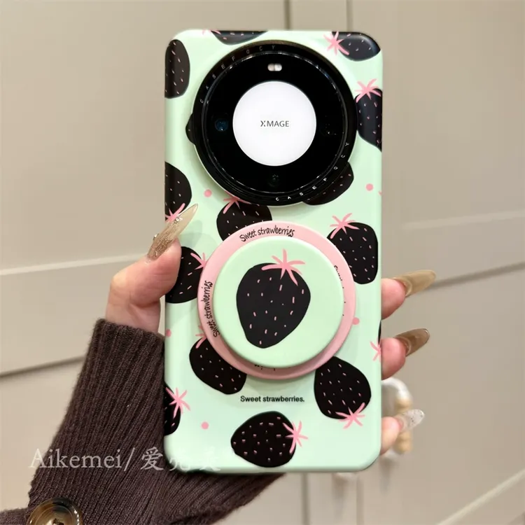 适用华为mate60pro+手机壳菲林小众苹果16/15/14黑色草莓磁吸支架