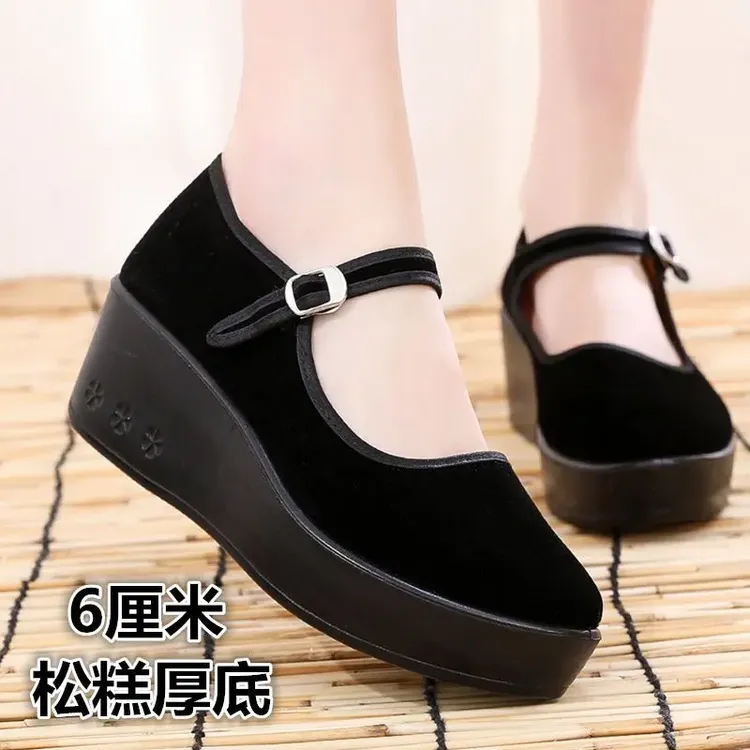 女士6厘米松糕厚底工作鞋黑色浅口防滑妈妈鞋低帮圆头老北京布鞋