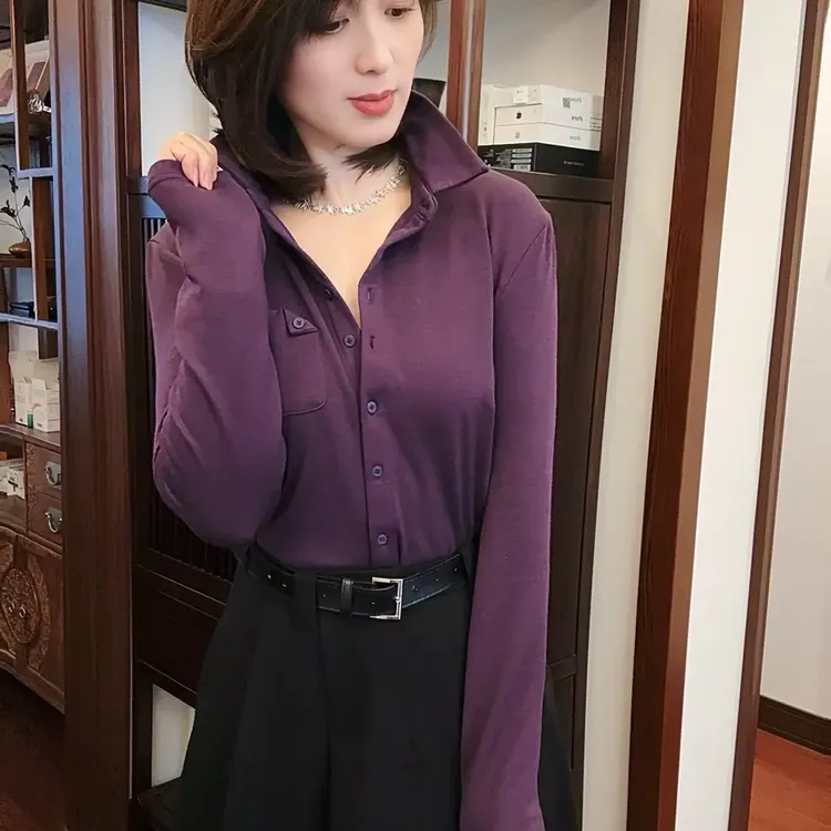 柏澜慧琳【高弹力衬衫】女士秋冬显瘦保暖纯色长袖自发热衬衫打底衫