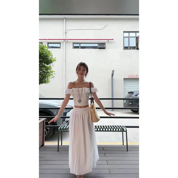 温婉大方衣服夏季珍珠铆钉装饰一字肩短袖上衣运动风花苞裙长裙女