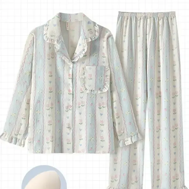 春秋薄款长袖带胸垫甜美女士睡衣套装可外穿家居服