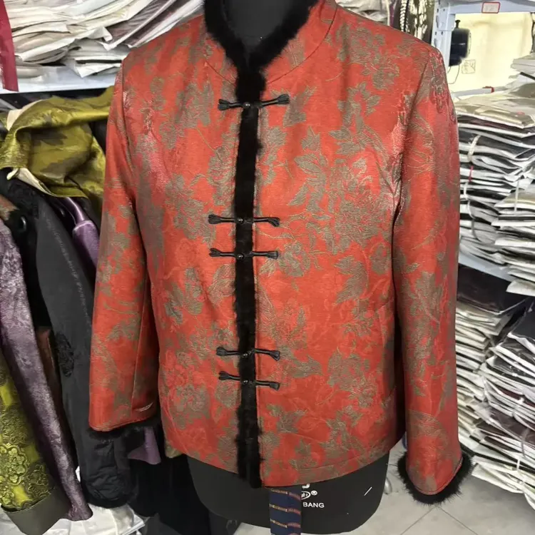 女立领提花宽松型单排扣短外套新中式国风双面穿冬季长袖