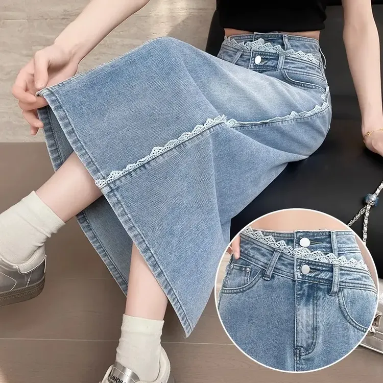 不规则蕾丝花边高腰牛仔半身裙女春夏爆款显瘦包臀开叉a字中长裙
