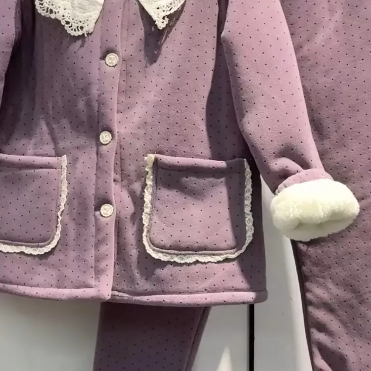 韩系波点蕾丝花边领口三层加棉加厚冬季保暖可外穿女士家居服套装