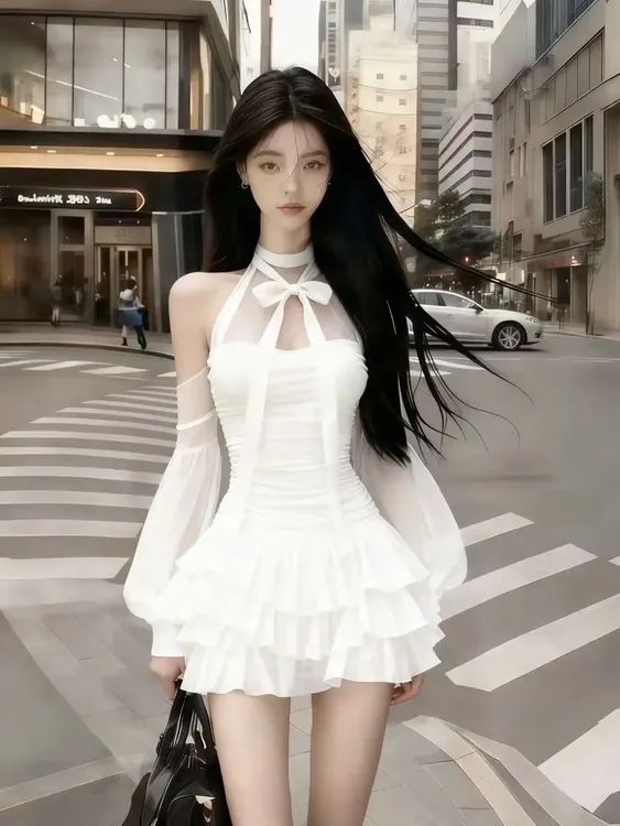 轻奢时尚气质高级千金风白色圆领挂脖露肩网纱褶皱长袖收腰连衣裙