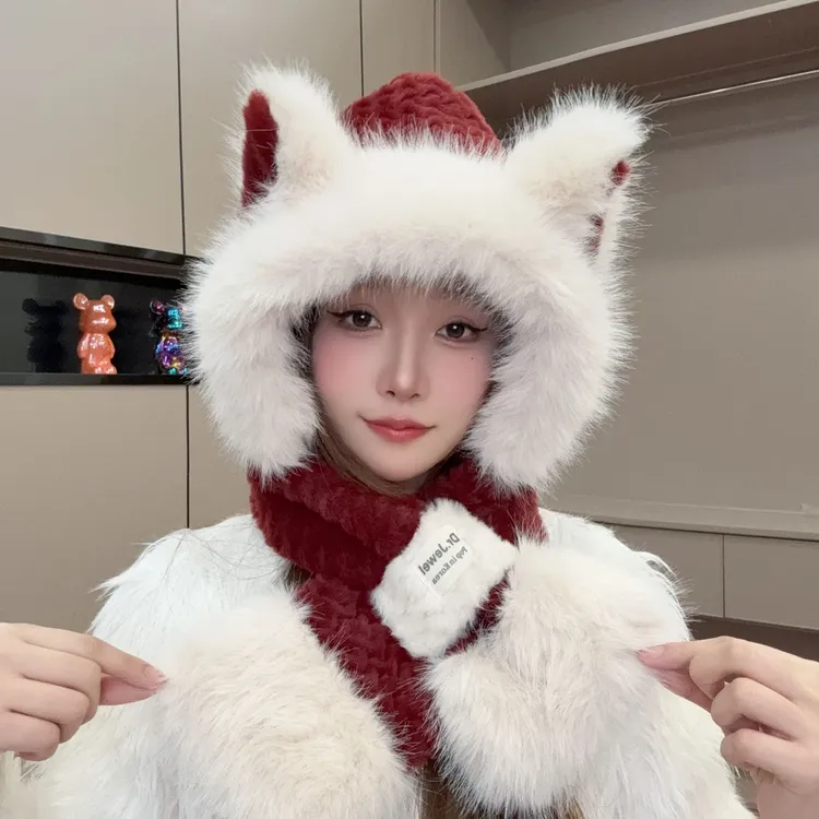 【皮卡】可爱毛茸茸狐狸耳朵帽子围巾安可拉红一体女冬防寒围脖连帽
