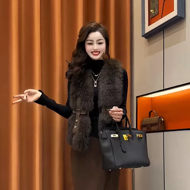 休闲贵妇风仿貂毛马夹2024秋冬洋气减龄拼皮马甲显瘦百搭上衣外套