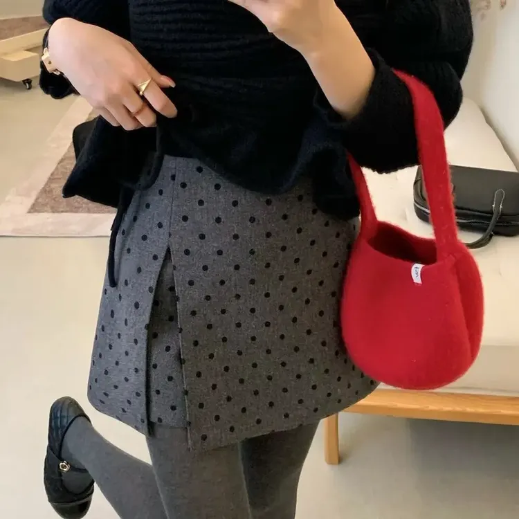 秋冬复古波点毛呢高腰显瘦A字裙裤女防走光半身短裙有内衬5811