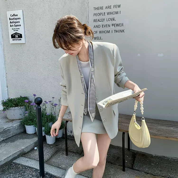 韩系气质休闲飘带西装套装裙女2025开春新款小个子穿搭短裙两件套