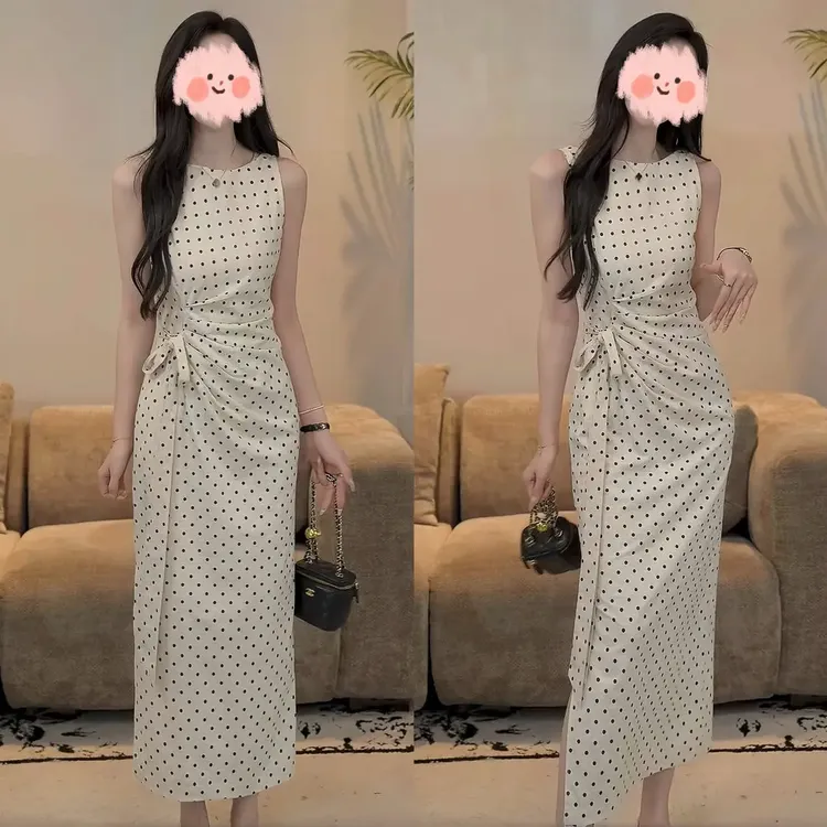 2025夏季新款纯欲慵懒风百搭老钱绑带显瘦收腰波点无袖背心连衣裙