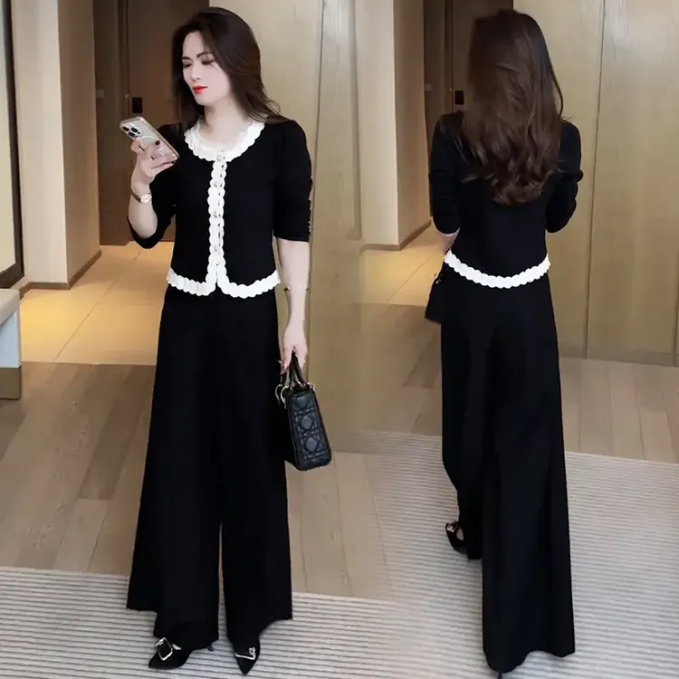 爆款时尚洋气套装女2025春季新款小香风蕾丝拼接T恤阔腿裤显瘦
