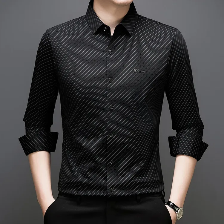 老爷车男装长袖衬衫条纹春秋男士上衣弹力抗皱修身时尚薄款中年25