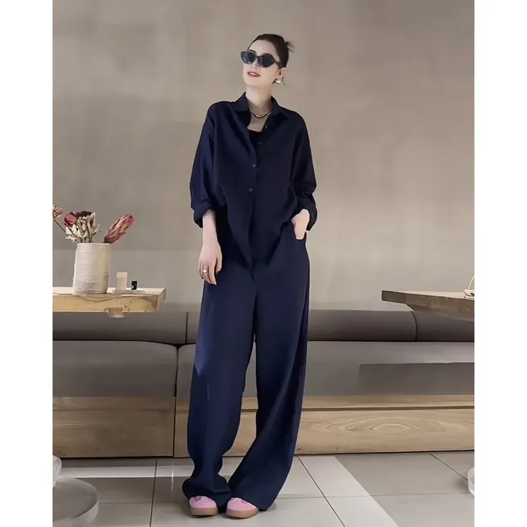 2025老钱风时尚套装蓝色慵懒宽松衬衫+阔腿裤显瘦减龄两件套
