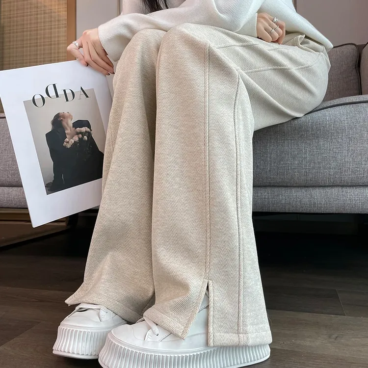 人字纹毛呢开叉香蕉阔腿裤女秋冬季九分大码加绒加厚直筒宽松长裤