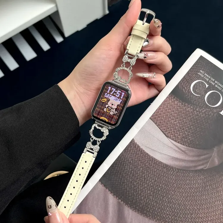 Kitty猫镂空闪钻皮质表带适用小米手环9/8por红米watch5/4高级女