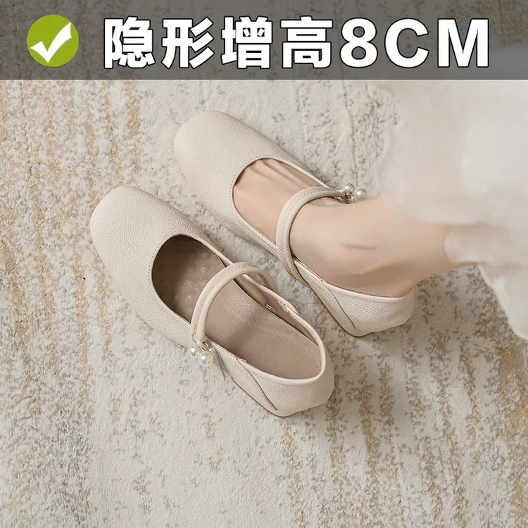 真皮内增高法式玛丽珍鞋女米白色高跟粗跟方头小个子配裙子单鞋33