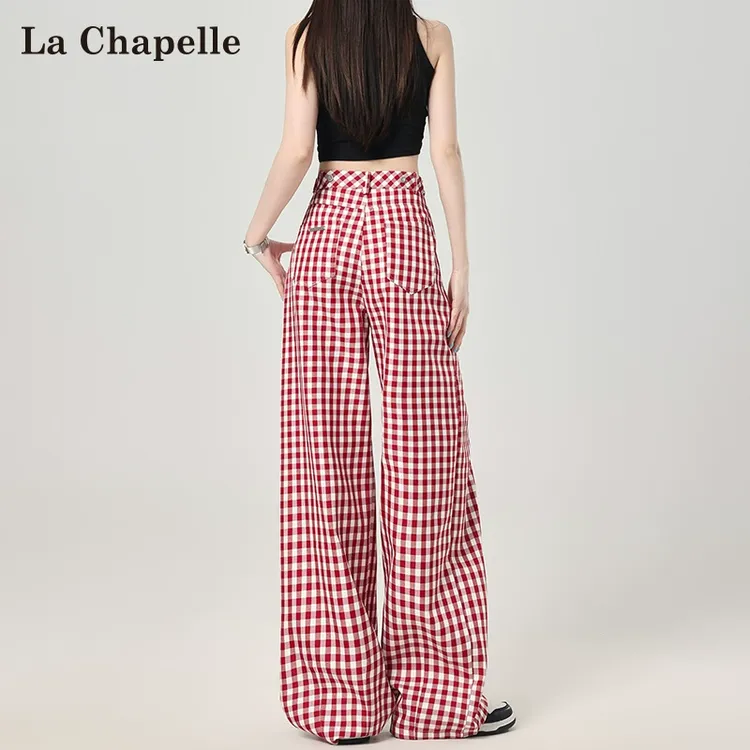 拉夏贝尔红色格子休闲裤女夏季新款复古撞色高腰显瘦直筒阔腿裤子