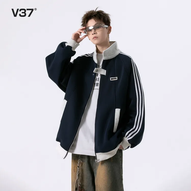 V37 美式学院风外套男25秋冬撞色拼接潮流百搭青少年学生条纹夹克