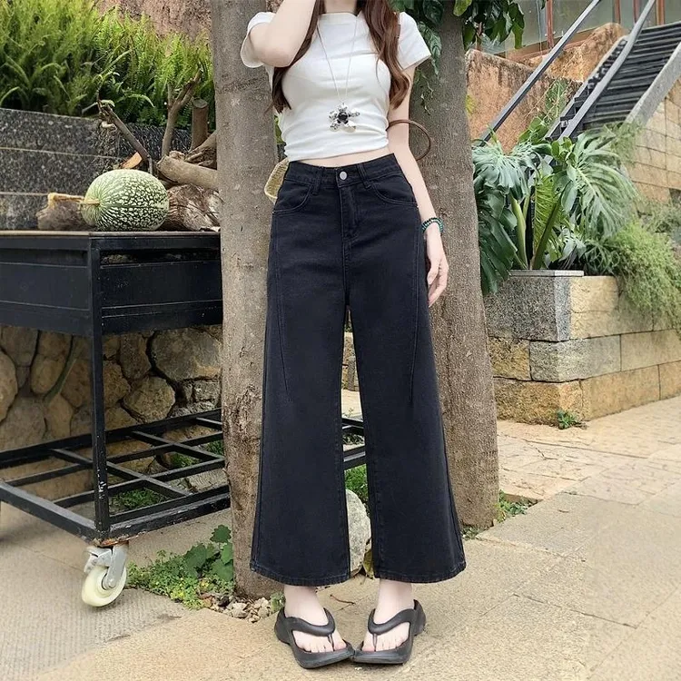 复古九分裤牛仔裤女高腰显瘦大码胖mm小个子秋季上新直筒阔腿裤子