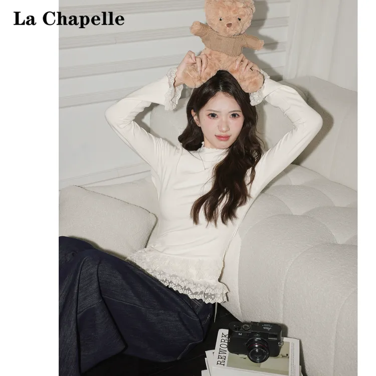 拉夏贝尔杏色蕾丝半高领T恤女2025春秋设计感chic长袖内搭上衣