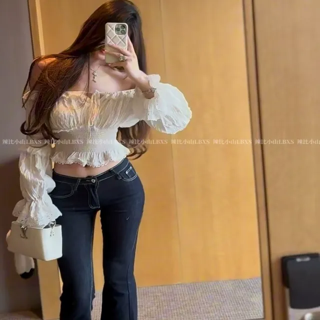 韩系辣妹风蕾丝花边系带一字肩衬衫女装夏季修身短款气质百搭上衣